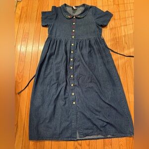 VTG Denim Maxi Waist Tie Back Dress Embroidered Collar Cottagecore Grannycore